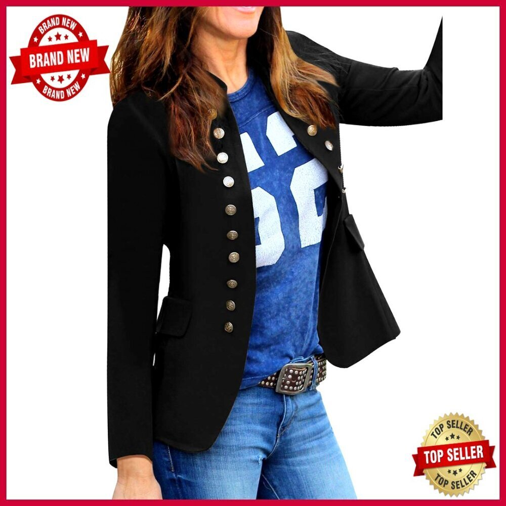 Long Sleeve Open Front Blazer with Padded Shoulders and Functional Pockets